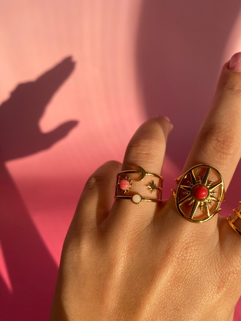 Çelik Vintage Gold Pembe Ayarlanabilir Yüzük - Görsel 6