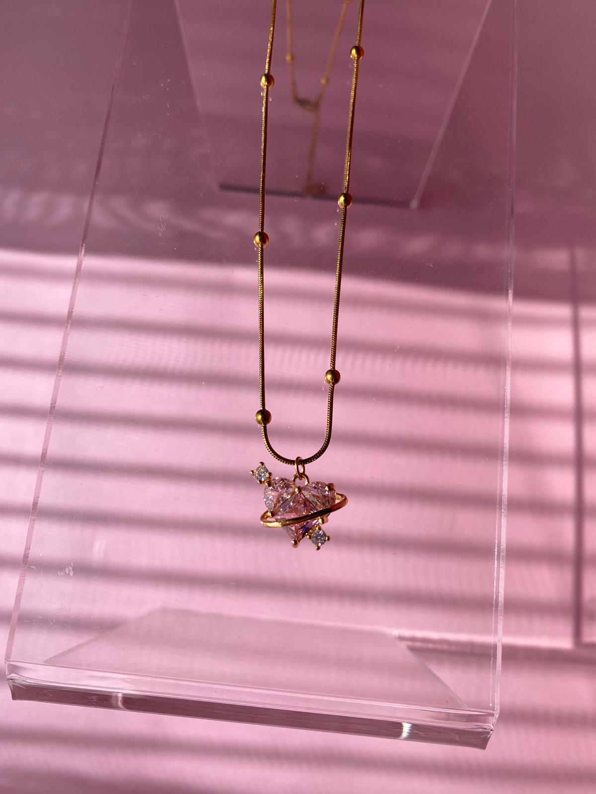 Çelik Pembe Kalp Kolye - Görsel 3