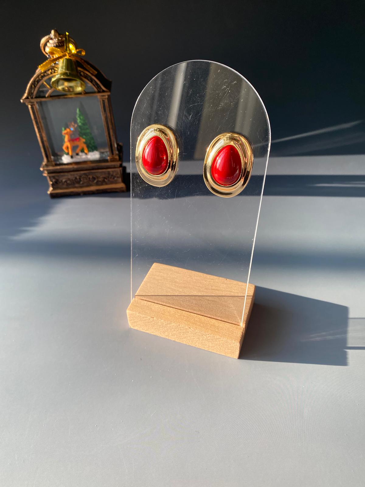 Kırmızı Taşlı Yuvarlak Küpe 30mm - Görsel 6