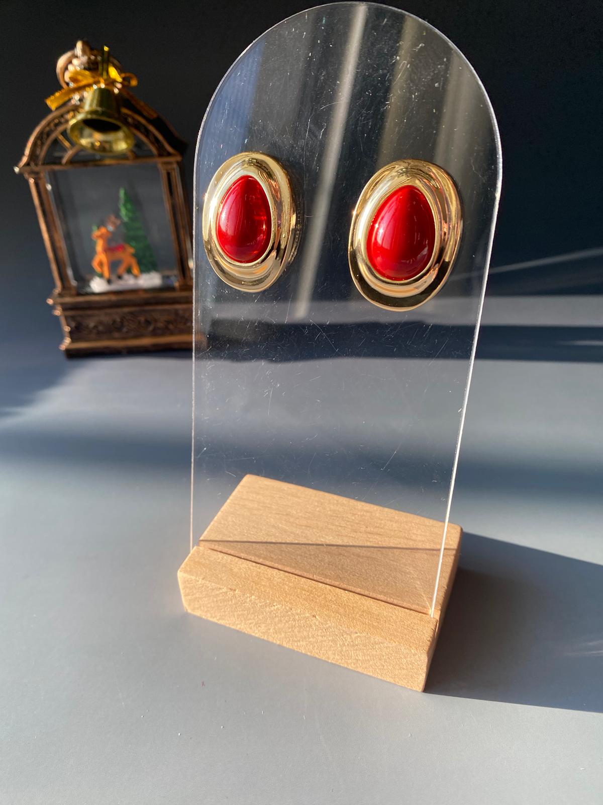 Kırmızı Taşlı Yuvarlak Küpe 30mm - Görsel 5